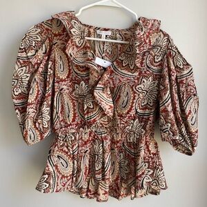 NWT Anna Cate Gabrielle Top Tan/Red Small Puff Sleeve Peplum Ruffle Blouse
